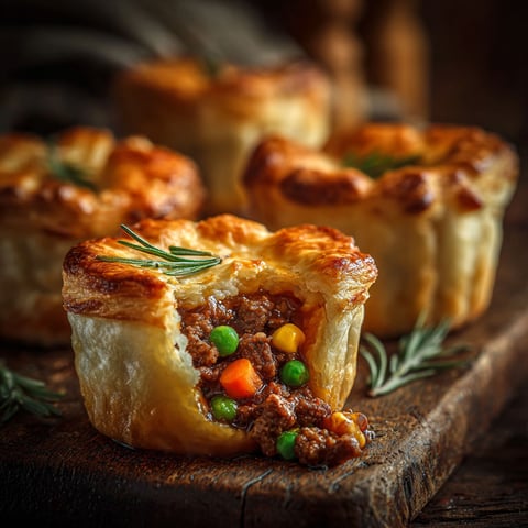 Mini shepherd's pot pies on a wooden platter.