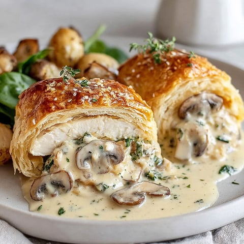 A plate of food with a chicken wellington and mushrooms.