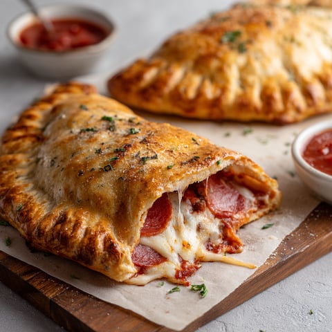 A delicious calzone with cheese and pepperoni.