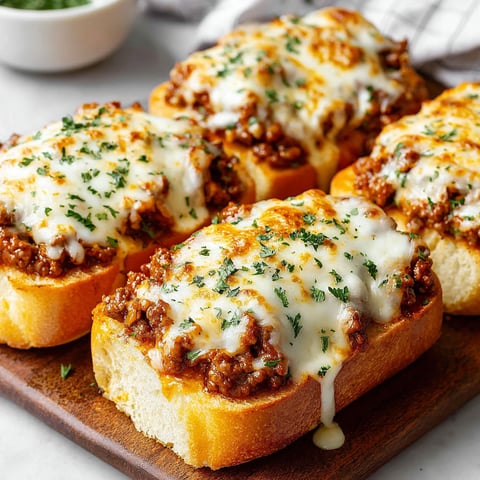 A plate of garlic bread with meat on top.