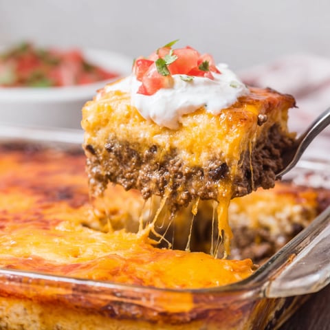 A slice of beef taco casserole.