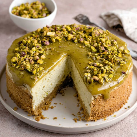 A slice of pistachio cheesecake with a pistachio topping.