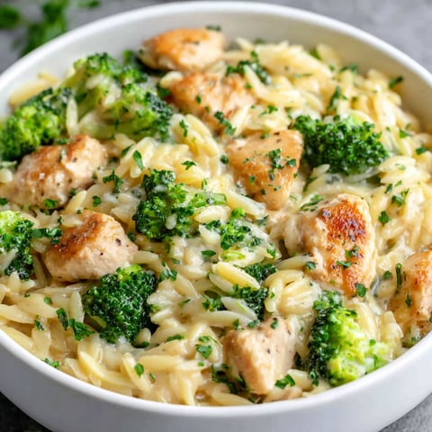 A bowl of chicken and broccoli orzo.
