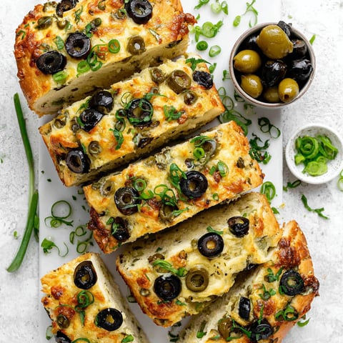 Slices of olive cheese bread on a white plate.