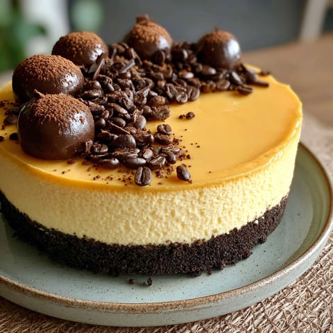 A slice of cheesecake with chocolate and coffee toppings.