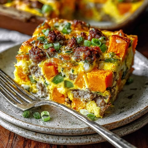 A slice of a sweet potato and egg casserole.
