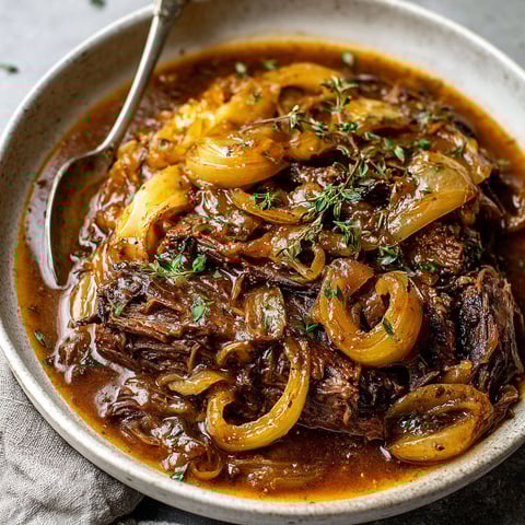 A bowl of beef pot roast with onions.
