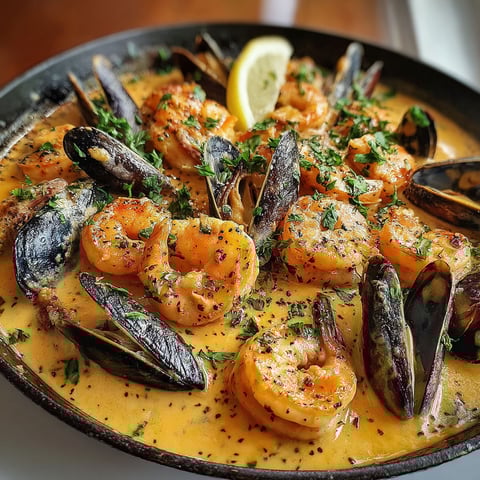 A delicious seafood dish with shrimp and mussels in a creamy garlic sauce.