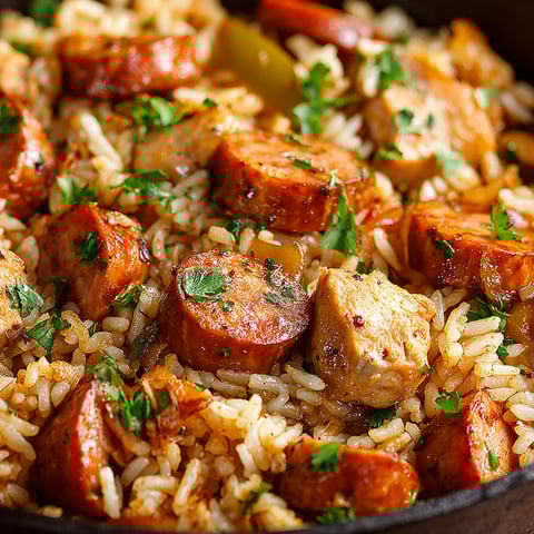 A dish of rice, sausage and vegetables.