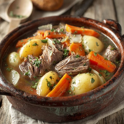 A pot of beef stew with carrots and potatoes.