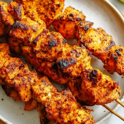 A plate of tandoori chicken skewers.