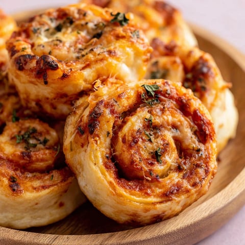 A plate of pizza rolls with cheese and herbs.