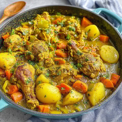 A bowl of Jamaican curry chicken.