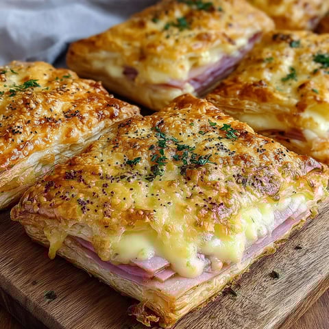 A close up of a pastry with ham and cheese.