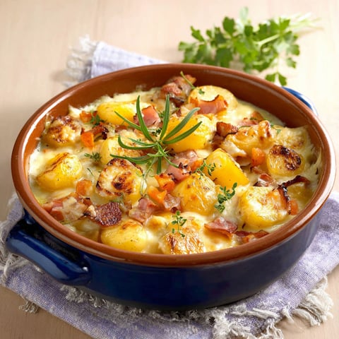 A bowl of food with a green garnish.