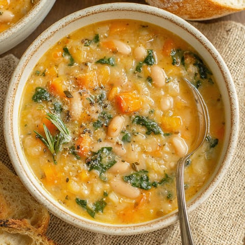 A bowl of soup with a spoon in it.