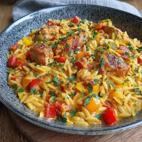 A plate of rice with chicken and peppers.