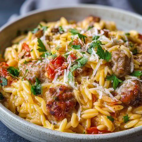 A bowl of Italian sausage and orzo.