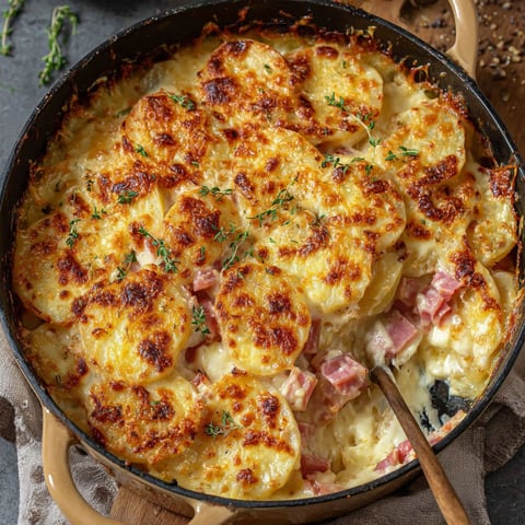 A close up of a potato dish with ham and cheese.