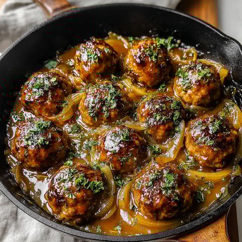 A pan of French onion meatballs.