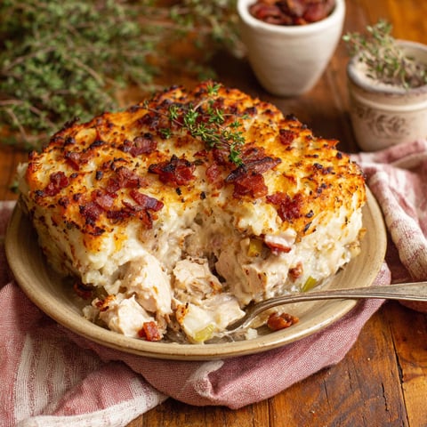 A plate of chicken and bacon mashed potato pie.
