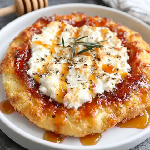 A slice of pizza with a drizzle of honey on top.