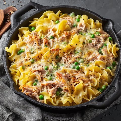 A bowl of pasta with chicken and peas.