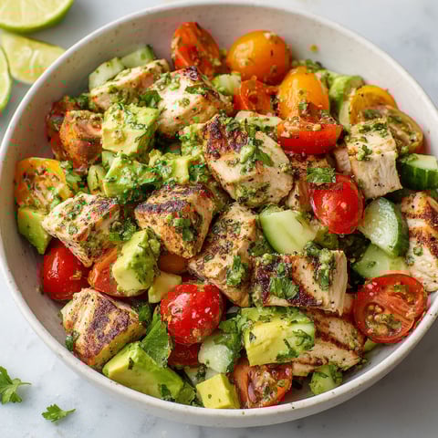 A bowl of chicken salad with avocado and tomato.