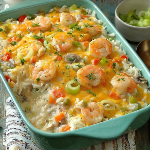 A dish of shrimp and rice casserole.