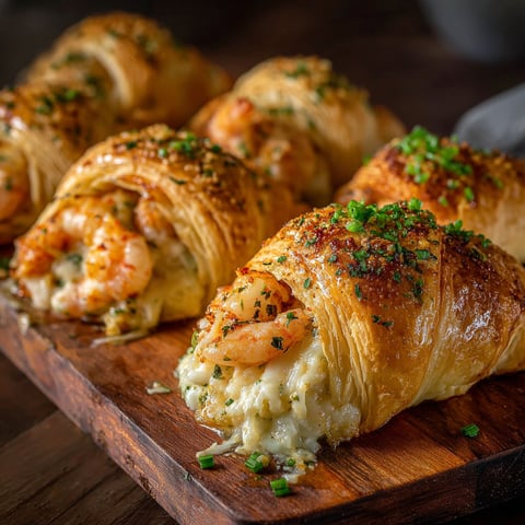 Shrimp and crab stuffed crescent bombs on a wooden cutting board.