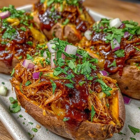 A plate of stuffed sweet potatoes with pulled pork.