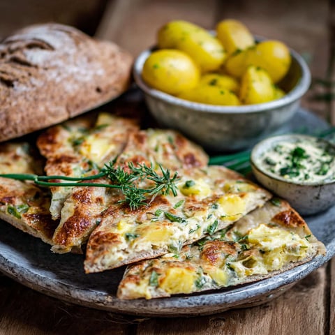 A plate of food with bread, potatoes, and cheese.