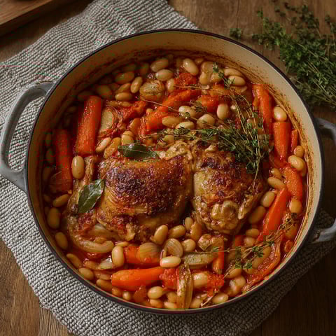A pot of chicken and beans.