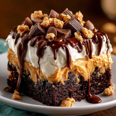 A slice of chocolate peanut butter poke cake.