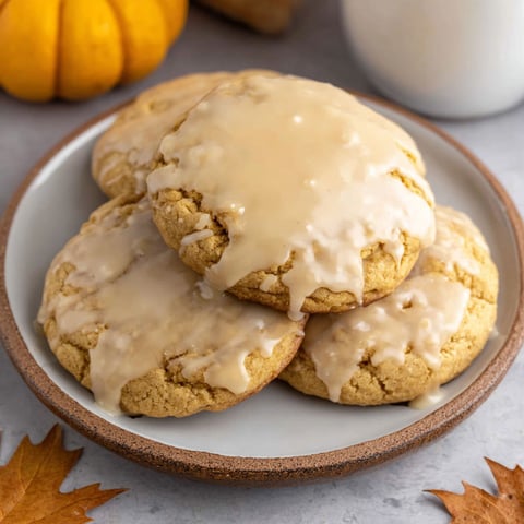 A plate of pumpkin cookies with maple glaze.