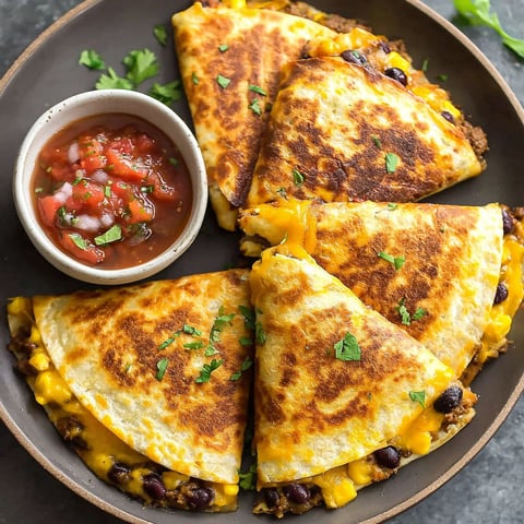 A plate of quesadillas with a bowl of salsa.
