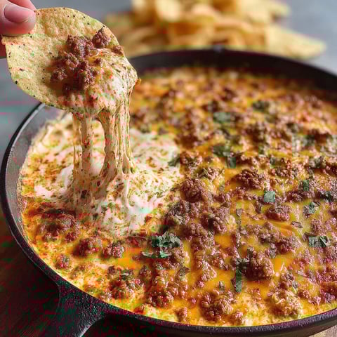 A person is scooping up some delicious smoked queso dip.