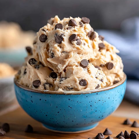 A bowl of chocolate chip cookie dough.