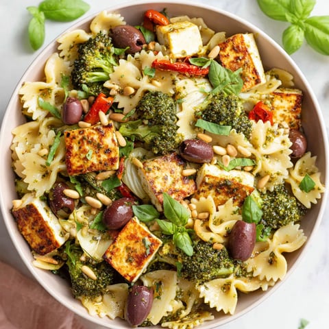 A bowl of pasta salad with broccoli, olives, and other vegetables.