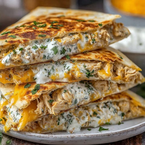 A stack of high-protein chicken ranch quesadillas.