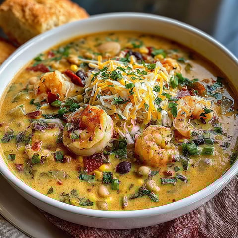 A bowl of seafood chili with shrimp and cheese.