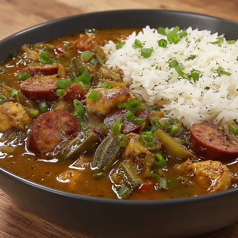 A bowl of chicken and sausage gumbo.