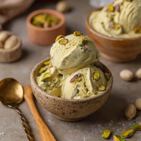 A bowl of pistachio ice cream with a spoon in it.