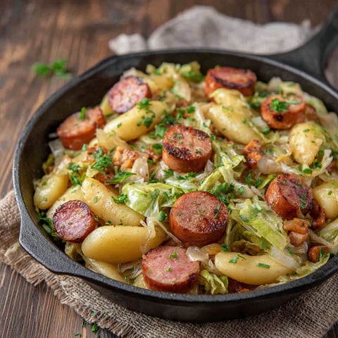 A black cast iron skillet filled with sausage, cabbage and potatoes.