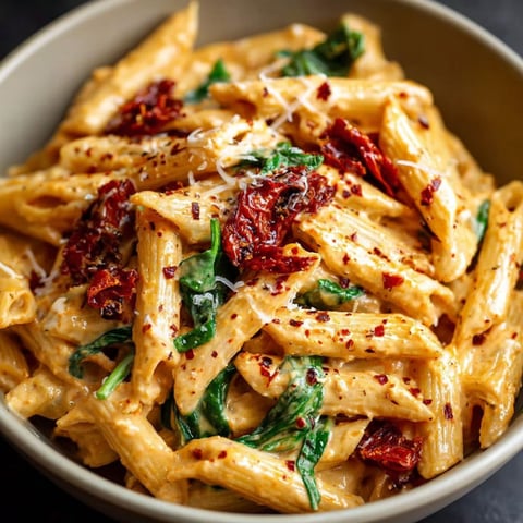 A bowl of pasta with sun-dried tomatoes and cheese.