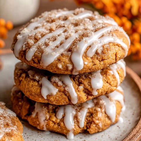 Three stacks of pumpkin coffee cake cookies.