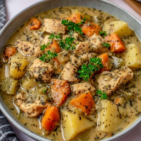 A bowl of chicken stew with carrots and parsley.