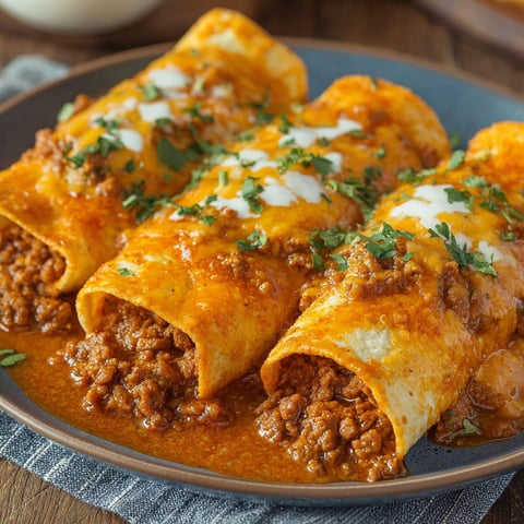 A plate of beef enchiladas with white cheese on top.