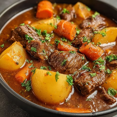 A bowl of beef stew with carrots and potatoes.