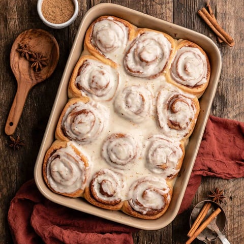 A pan of cinnamon rolls with a spoon in the background.